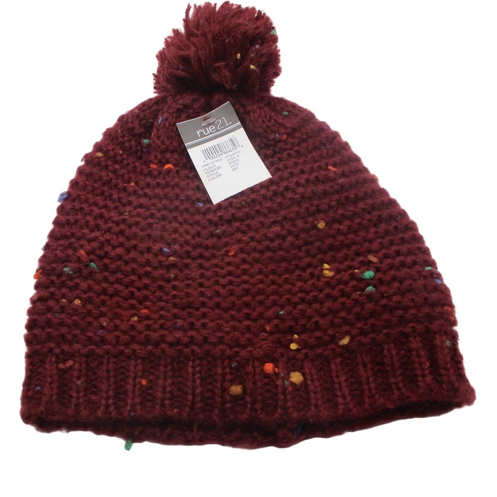 Rue21 Womens Burgundy Maroon Confetti Chunky Knit Pom Pom Beanie Hat NWT